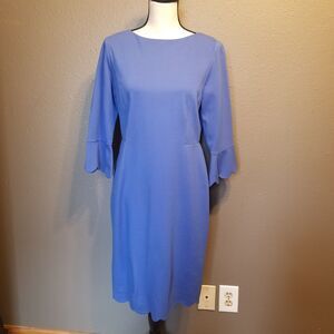 Talbots 8P Petite Dress Blue Ponte Knit Scalloped Trim Preppy Classic Minimalist
